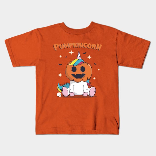 Pumpkincorn funny cute unicorn wearing pumpkin halloween Kids T-Shirt by secondskin